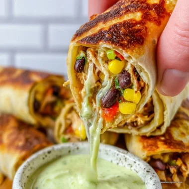 Plate of crispy Southwest egg rolls with colorful toppings and dipping sauce