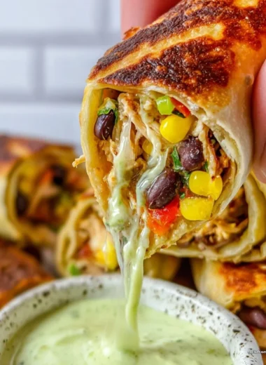 Plate of crispy Southwest egg rolls with colorful toppings and dipping sauce