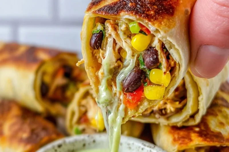 Plate of crispy Southwest egg rolls with colorful toppings and dipping sauce