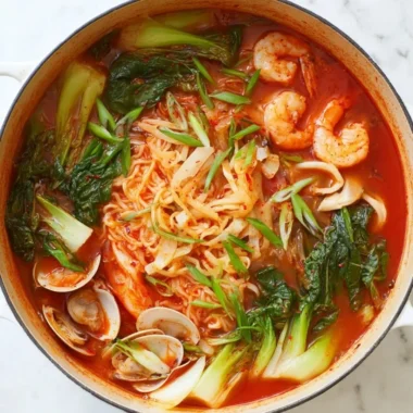 Bowl of spicy seafood noodle soup with fresh seafood and colorful vegetables