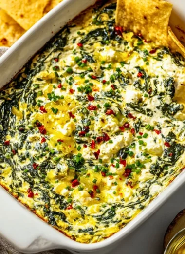 Spinach and Pepperoncini Baked Feta Dip served in a bowl with fresh ingredients