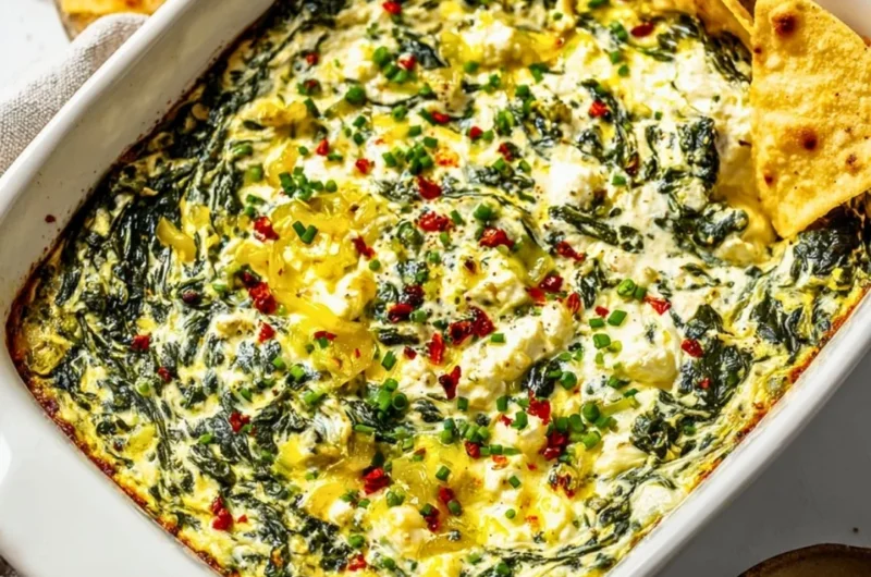 Spinach and Pepperoncini Baked Feta Dip served in a bowl with fresh ingredients