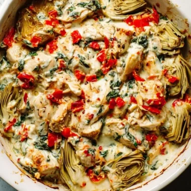 Delicious Spinach Artichoke Chicken Casserole Bake served in a dish