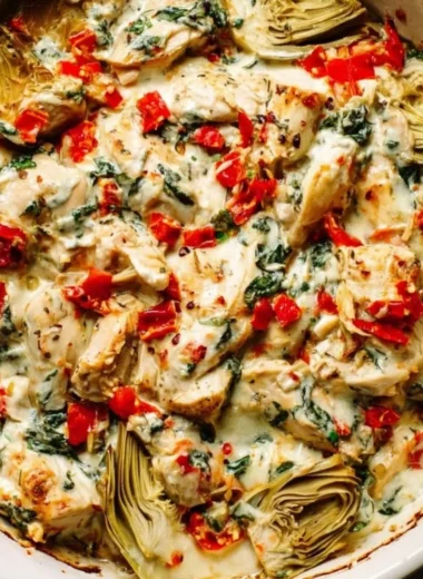 Delicious Spinach Artichoke Chicken Casserole Bake served in a dish