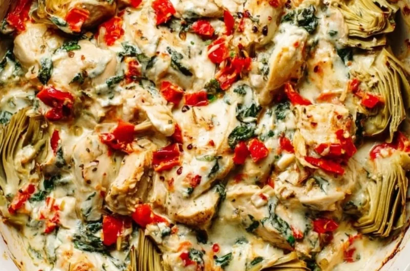 Delicious Spinach Artichoke Chicken Casserole Bake served in a dish