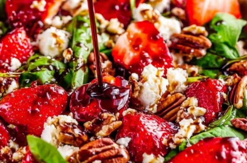 Spinach strawberry salad topped with pecans for a healthy and fresh meal