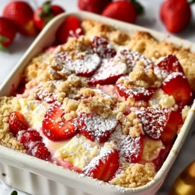Strawberry Cheesecake Dump Cake with fresh strawberries and creamy topping