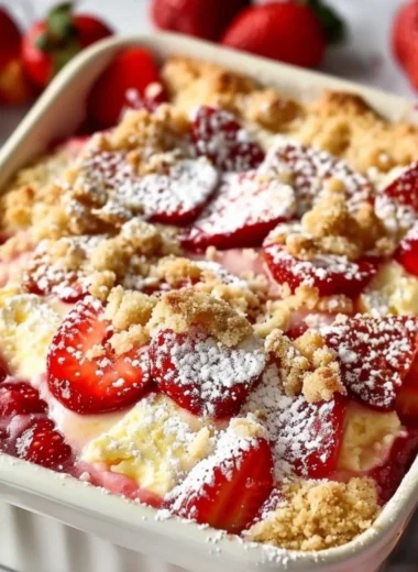 Strawberry Cheesecake Dump Cake with fresh strawberries and creamy topping