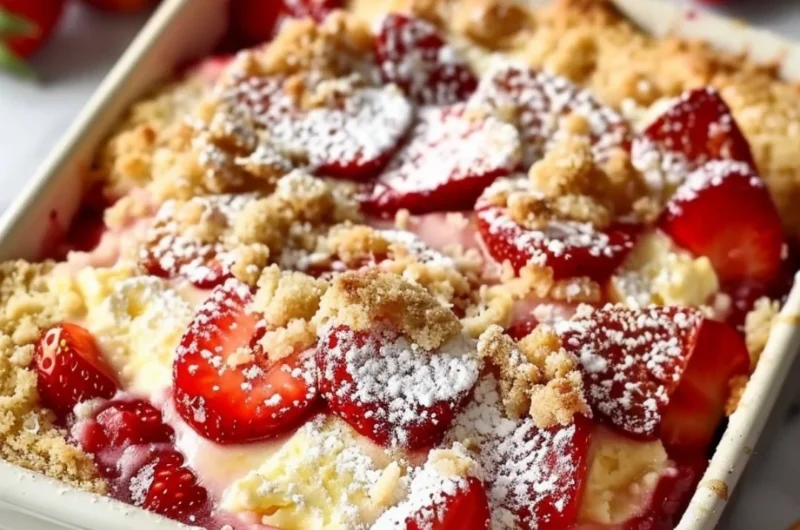 Strawberry Cheesecake Dump Cake with fresh strawberries and creamy topping