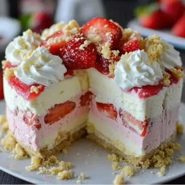 Delicious Strawberry Crunch Cheesecake with a crunchy topping and fresh strawberries