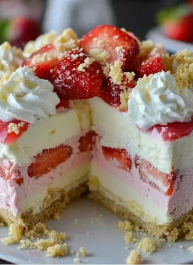Delicious Strawberry Crunch Cheesecake with a crunchy topping and fresh strawberries