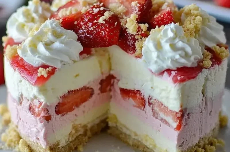 Delicious Strawberry Crunch Cheesecake with a crunchy topping and fresh strawberries