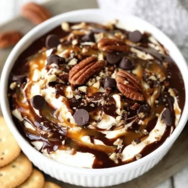 Turtle Cheesecake Dip served in a bowl with toppings and crackers