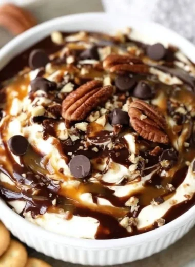 Turtle Cheesecake Dip served in a bowl with toppings and crackers