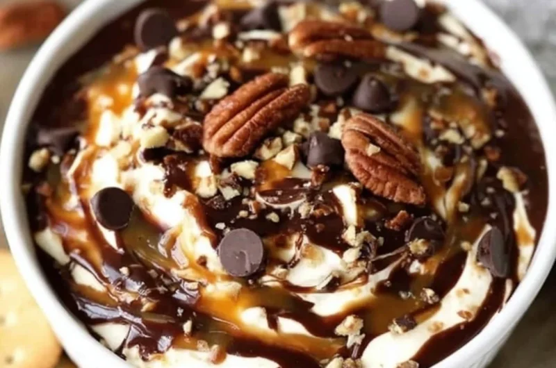 Turtle Cheesecake Dip served in a bowl with toppings and crackers