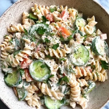 A vibrant bowl of Tzatziki Pasta Salad topped with fresh herbs and vegetables.