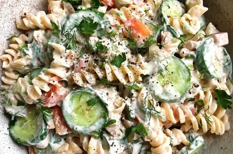 A vibrant bowl of Tzatziki Pasta Salad topped with fresh herbs and vegetables.
