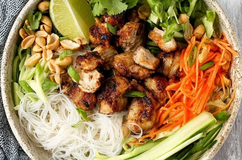 Vietnamese noodle bowl topped with lemongrass chicken and fresh herbs