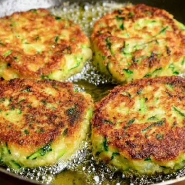 Golden zucchini fritters cooked to perfection, served on a plate with dipping sauce.