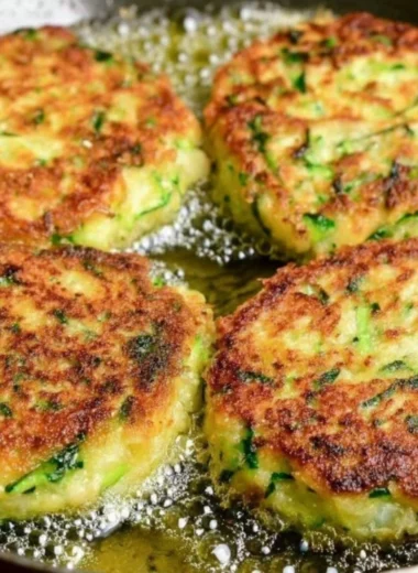 Golden zucchini fritters cooked to perfection, served on a plate with dipping sauce.
