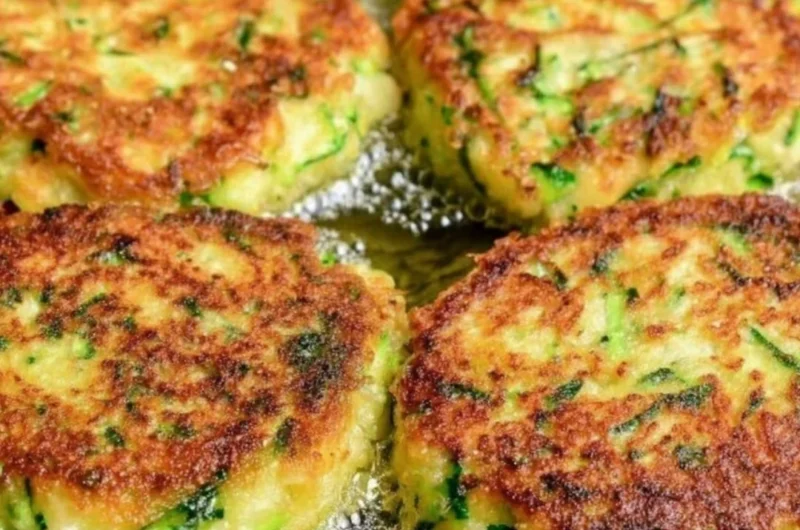 Golden zucchini fritters cooked to perfection, served on a plate with dipping sauce.