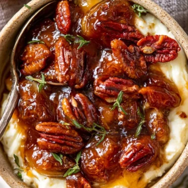 Baked feta dip served with fig jam and pecans in a rustic bowl