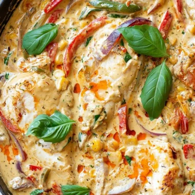 Creamy pesto chicken dish served with pasta garnished with herbs