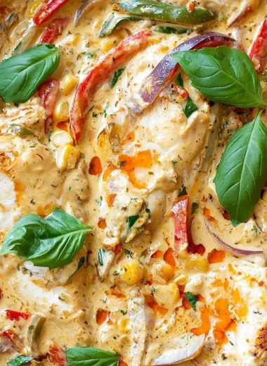 Creamy pesto chicken dish served with pasta garnished with herbs