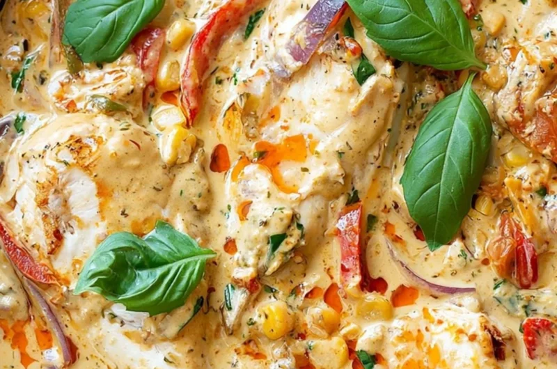 Creamy pesto chicken dish served with pasta garnished with herbs