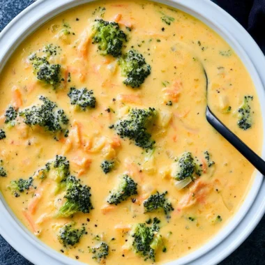 Bowl of creamy broccoli cheddar soup topped with cheese and herbs
