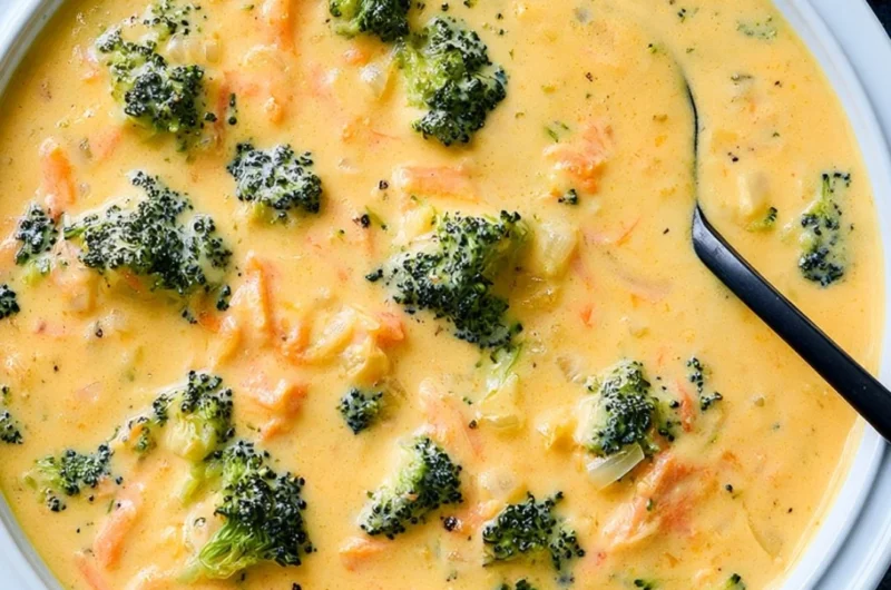 Bowl of creamy broccoli cheddar soup topped with cheese and herbs