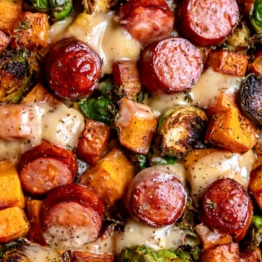 Easy one pan sausage dish with butternut squash and Brussels sprouts.