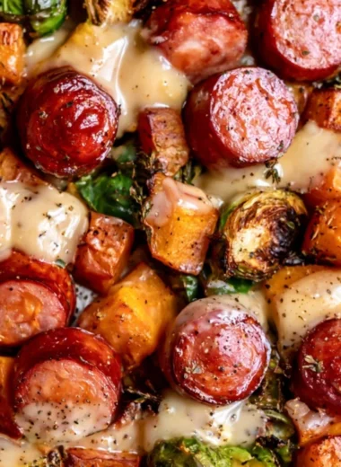 Easy one pan sausage dish with butternut squash and Brussels sprouts.