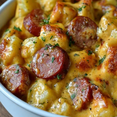 Kielbasa sausage cheesy potato casserole served in a dish