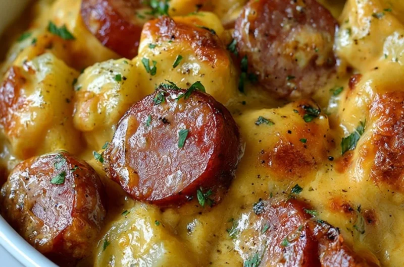 Kielbasa sausage cheesy potato casserole served in a dish