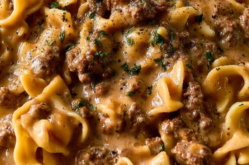 One-pan beef and noodles dish ready to serve, showcasing rich flavors and textures.