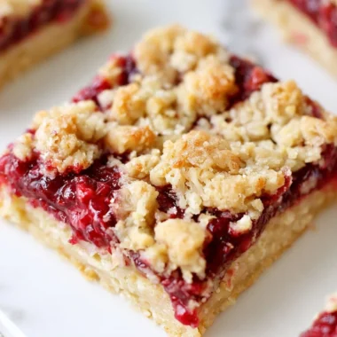 Freshly baked Raspberry Oatmeal Crumble Bars with a crumbly topping