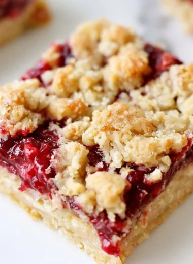 Freshly baked Raspberry Oatmeal Crumble Bars with a crumbly topping