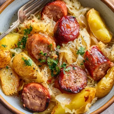 A delicious plate of sausage, sauerkraut, and potatoes served together
