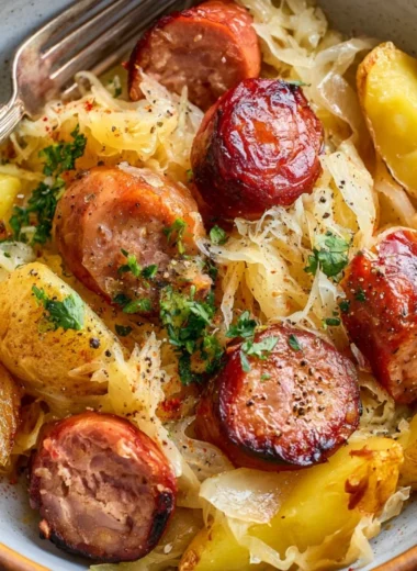 A delicious plate of sausage, sauerkraut, and potatoes served together