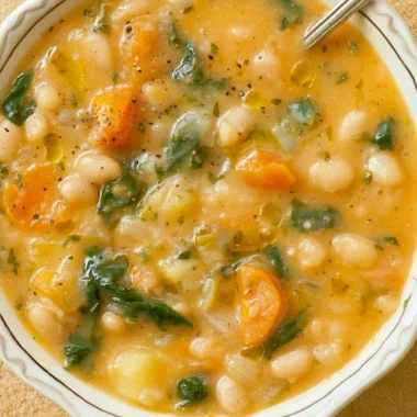 A bowl of the best white bean soup garnished with herbs and served with bread.