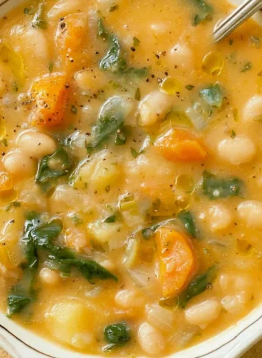 A bowl of the best white bean soup garnished with herbs and served with bread.