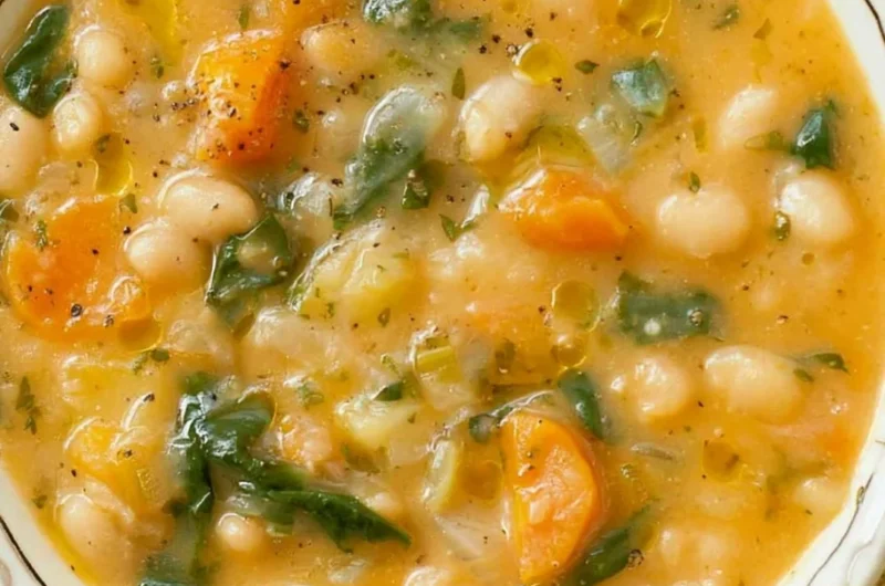 A bowl of the best white bean soup garnished with herbs and served with bread.
